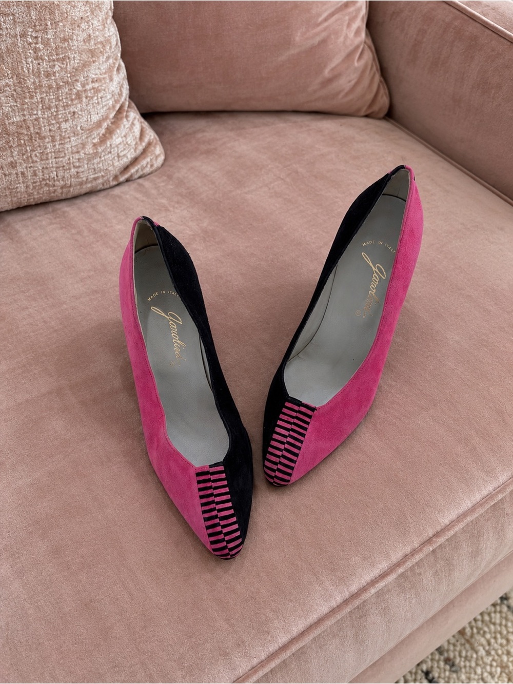 Vintage Garolini Italian Pink & Black Suede Geometric Stripe Pumps